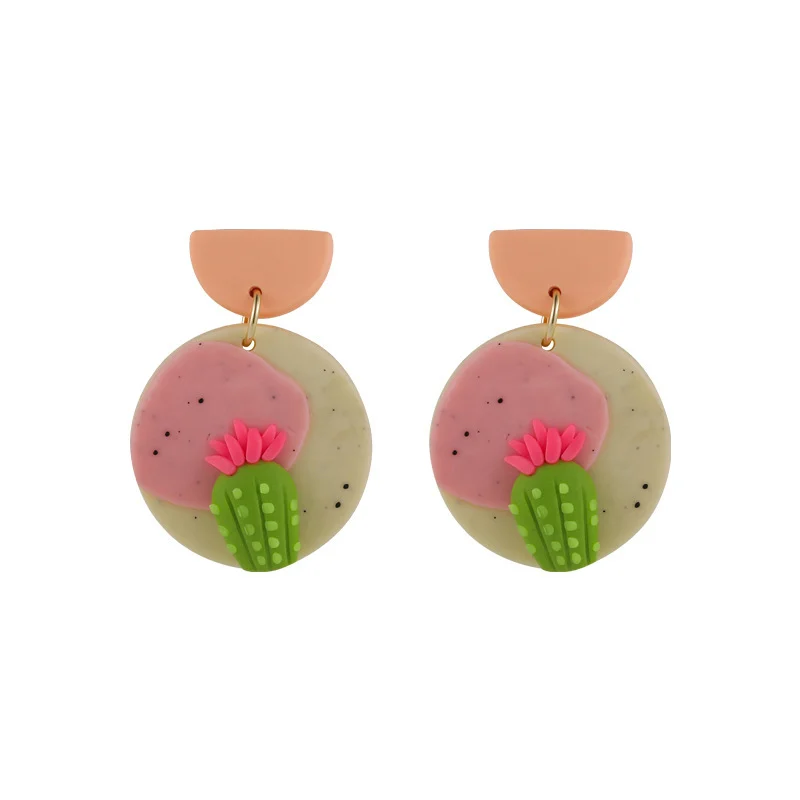 

Origin Summer Polymer Clay Circle Geometrical Cactus Dangle Earring for Women Trendy Contrasted Plant Earring Jewelry Pendientes