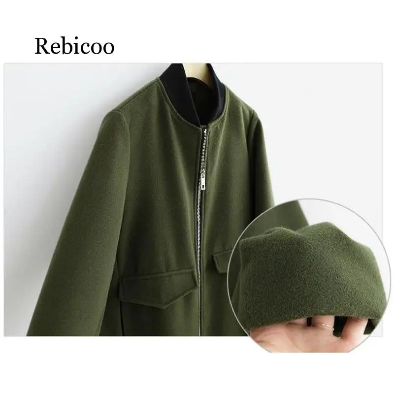 

Army Green Wool Coat Women's Casual Women's Jacket 2019 New Wool Coat Pocket Women's Zipper Winter Stand Collar Women's Coat