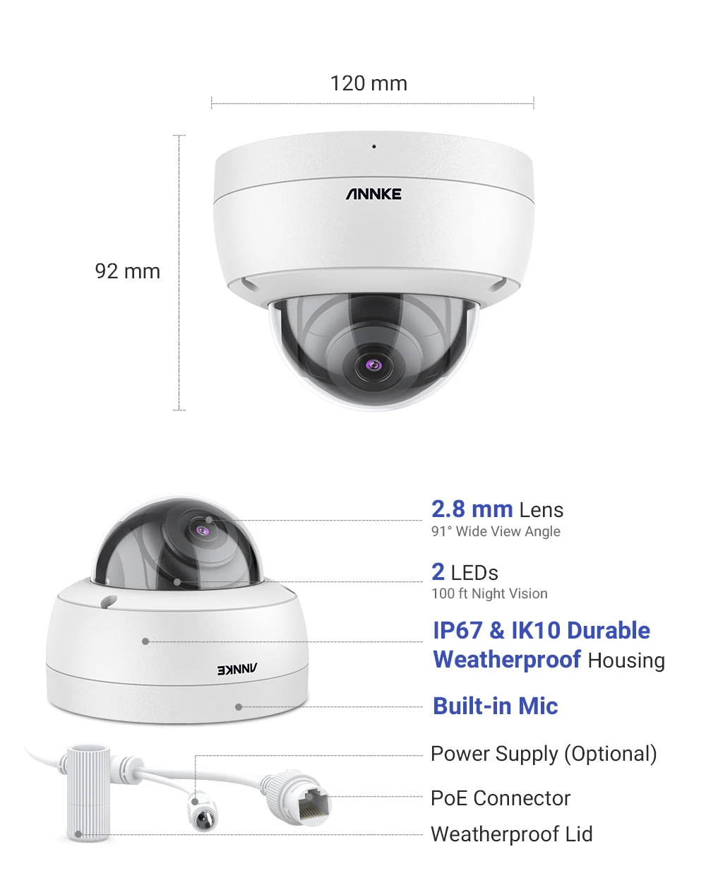 ANNKE 4PCS C500 Dome 5MP Outdoor IK10 Vandal-Proof POE Security Cameras With Audio in POE Surveillance Cameras TF Card Support images - 6