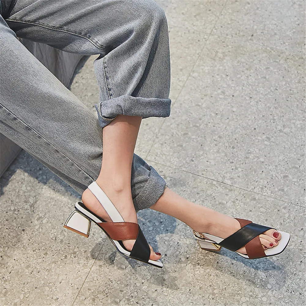 

MILI-MIYA Women Sandals Genuine Leather Buckle Strap Square Toe Square Heels Casual Summer Shoes Handmade For Ladies Big Size 43