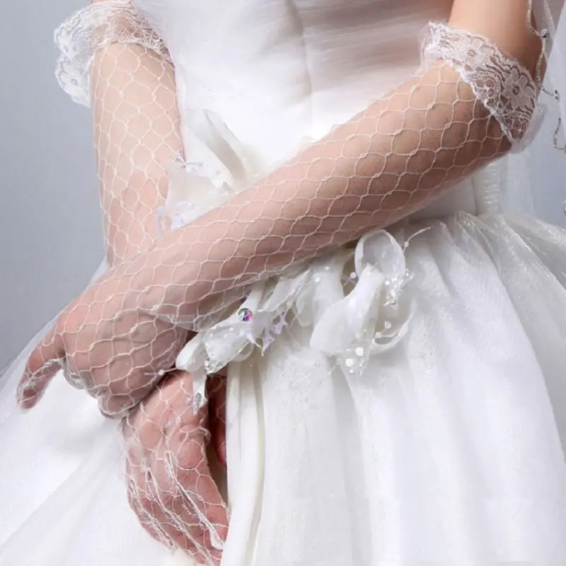 

Womens White Stretchy Elbow Length Bridal Wedding Long Gloves Full Finger Rhombic Mesh Floral Lace Trim See Through Prom Party