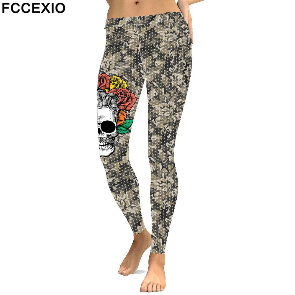 Камуфляжные женские леггинсы FCCEXIO в стиле панк с черепом брюки готическом