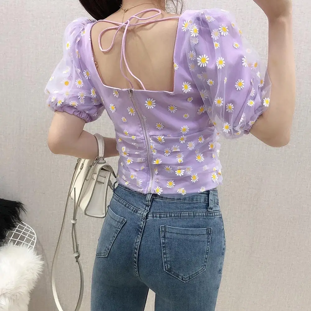 Женская блузка с цветочной вышивкой фиолетовая сетчатая пышными рукавами на