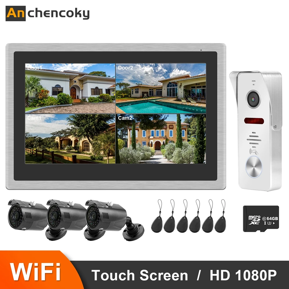 Анкоки WiFi видео дверной звонок 10 дюймов IP домофон с 1080P и 3 камеры вспомогательный