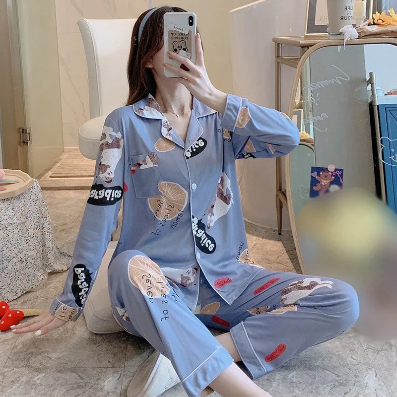 

Autumn Women Simulation Cotton Pajamas Long-sleeved Sexy Cardigan Cartoon Printing Suit Strawberry Homewear.