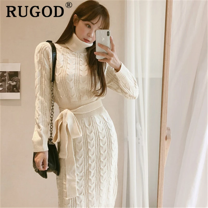 RUGOD зимнее теплое вязаное длинное платье для женщин 2019 элегантное с высоким