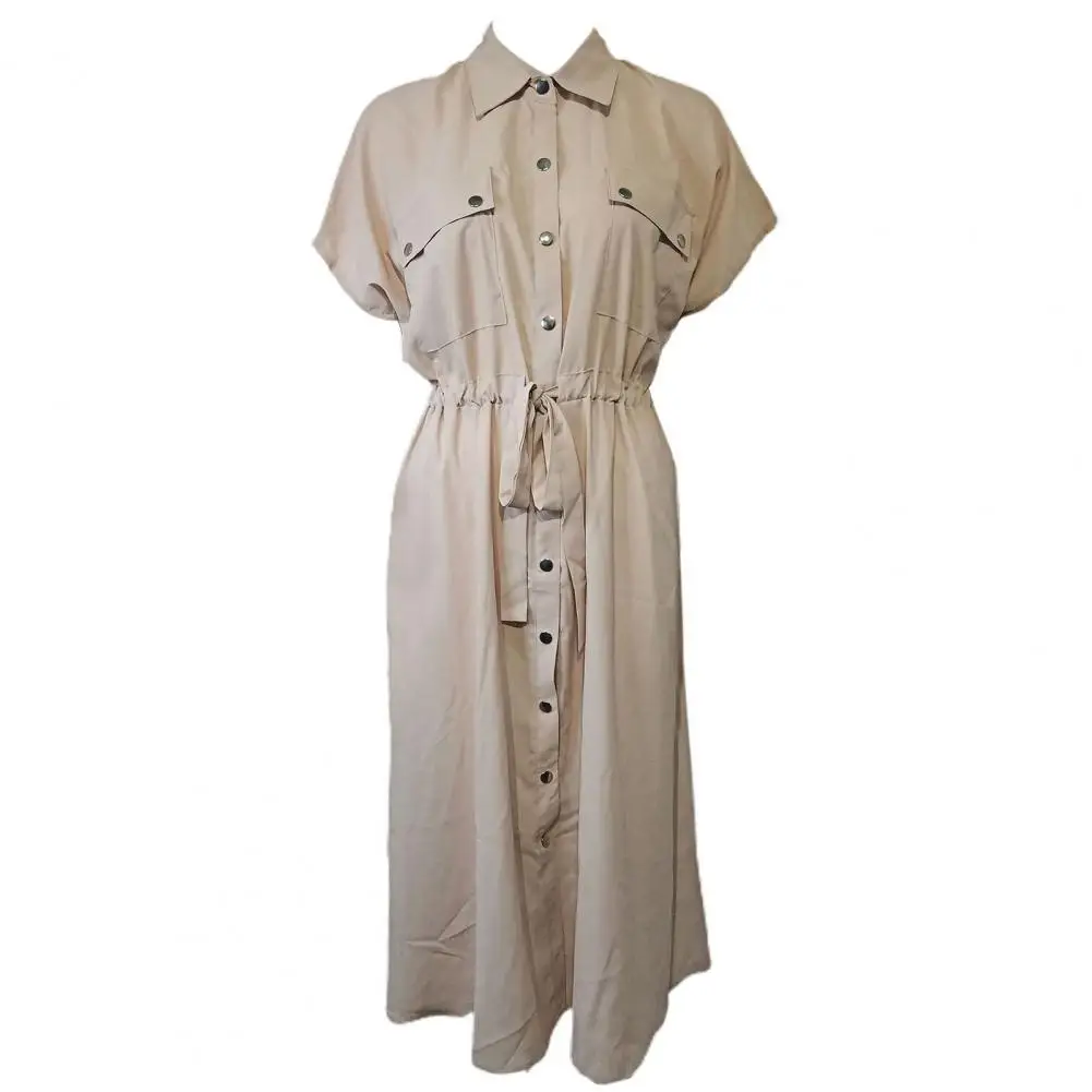 

Женское однобортное платье-миди с поясом, однотонное офисное платье-миди с коротким рукавом и карманами, длинное летнее платье