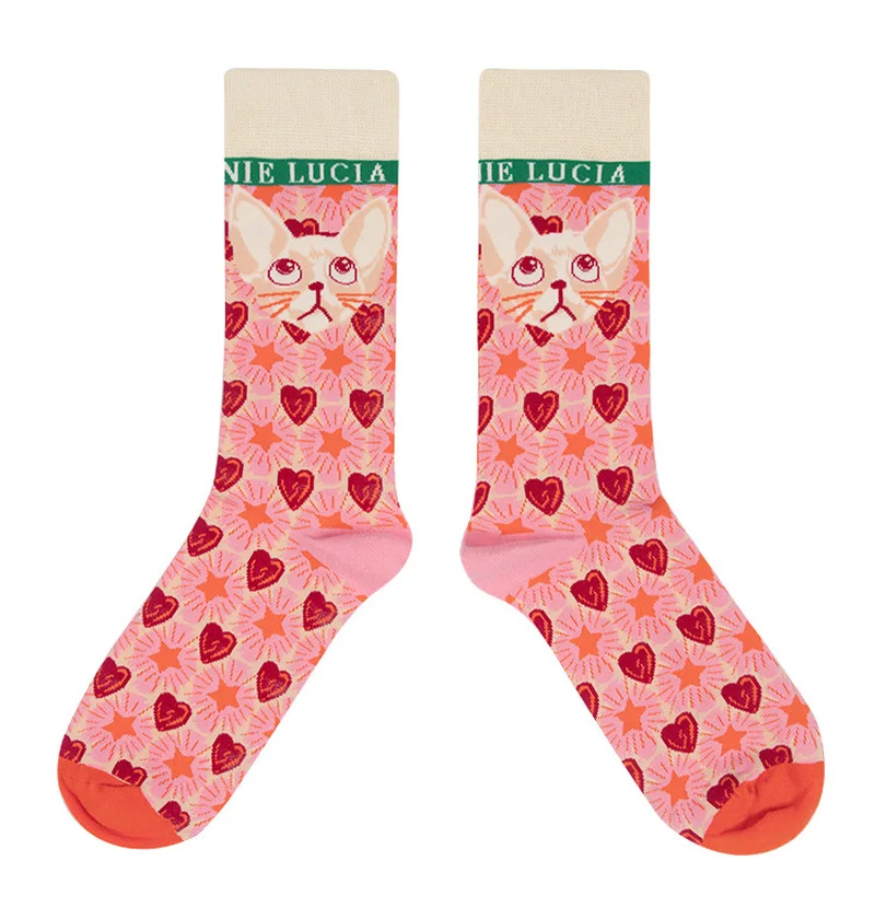 

2 Pcs/lot Women Socks Funny Cute Cartoon Illustration Plaid Cute Kitten Cartoon Cotton Happy Japanese Harajuku Skateboard Socks