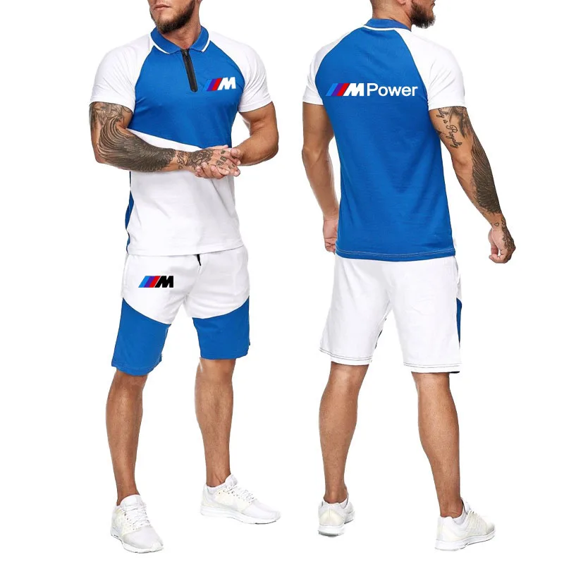 

2021 Hot-selling Sports Car Logo Printing Stitching Color Men's Quick-drying Short Sleeve + Shorts 2-piece Sports T-shirt Set
