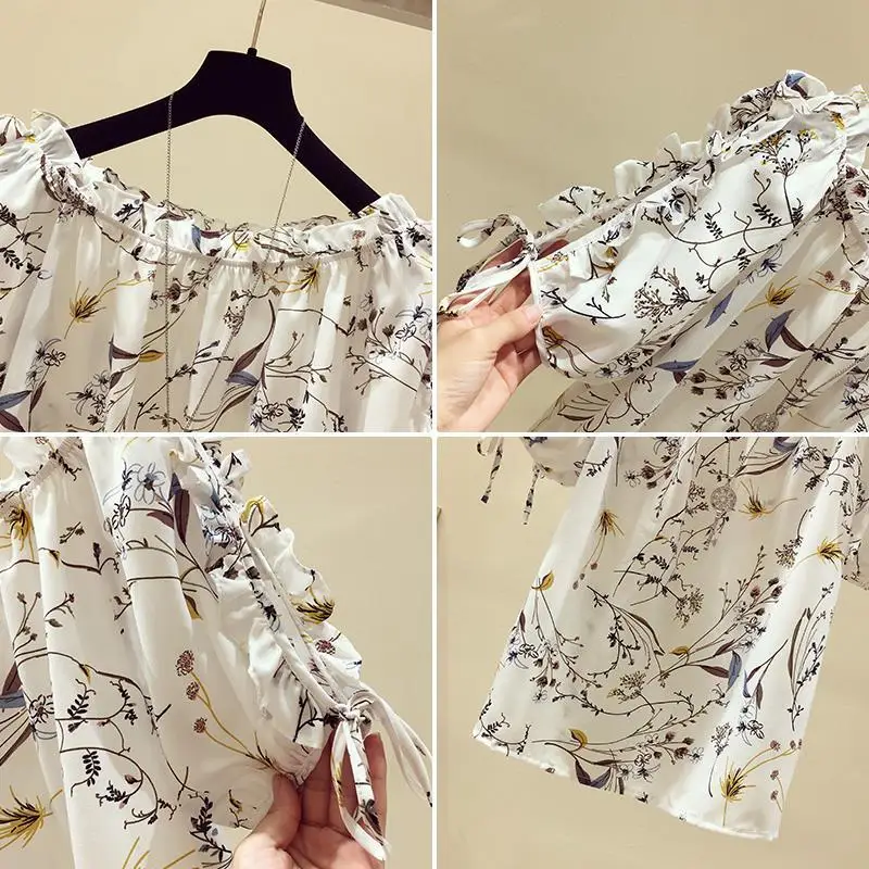 

2021 Summer New Fashion Women Retro Floral Print Short Sleeve Blouse Lady Loose Slash Neck Chiffon Shirt Women's Casual Top L250