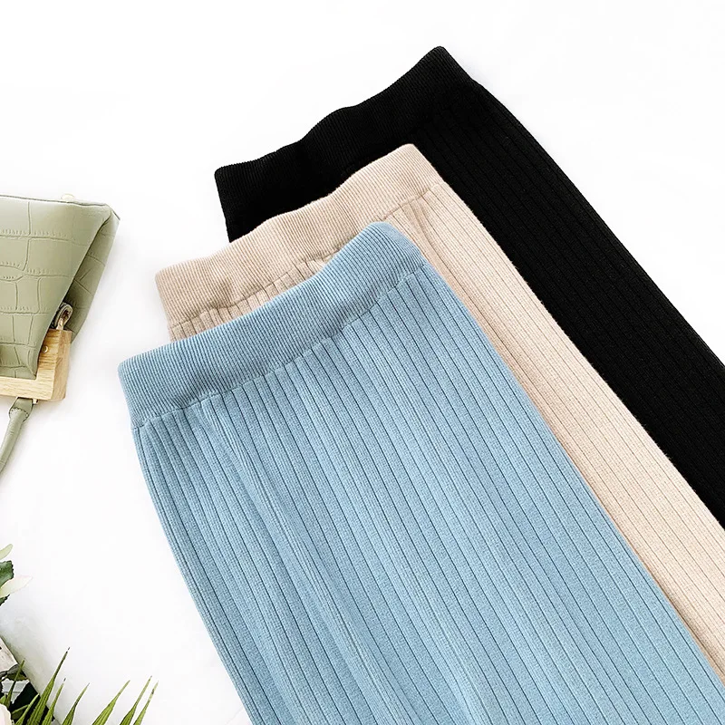 2019 Вязанная женская осенняя облегающая юбка миди с высокой талией хорошее