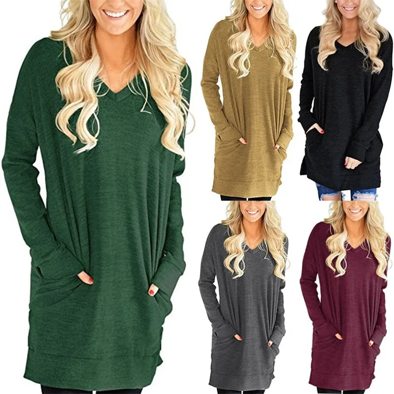 

European and American Loose Long Sleeves V Collar Pocket T-shirt with A Fork Long Solid Color Fashion Casual T-shirt Tops
