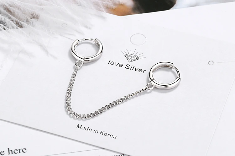 ANENJERY 1PC New 925 Sterling Silver Double Ear Hole Chain Hoop Earring For Women Minimalist Jewelry Dropshipping S-E971