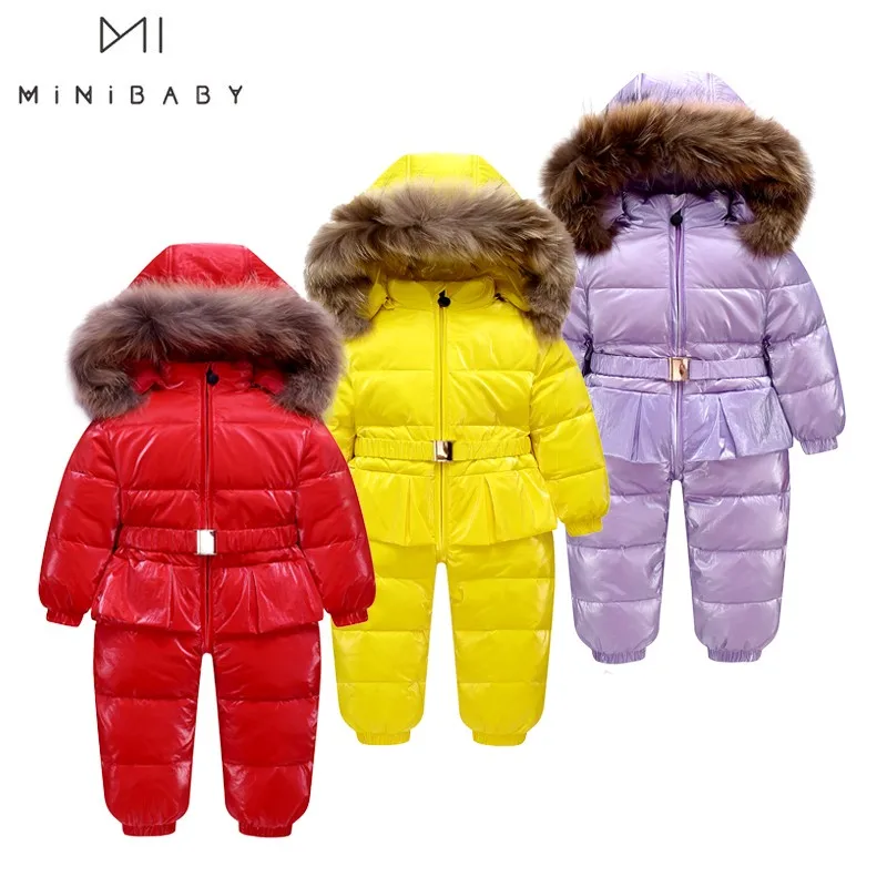 2021 Russian Winter Baby Girl Snowsuit With Big Fur Outerwear Shining Jackets 2-5y Princess Clothes 90% Goose Down Coat For Kids