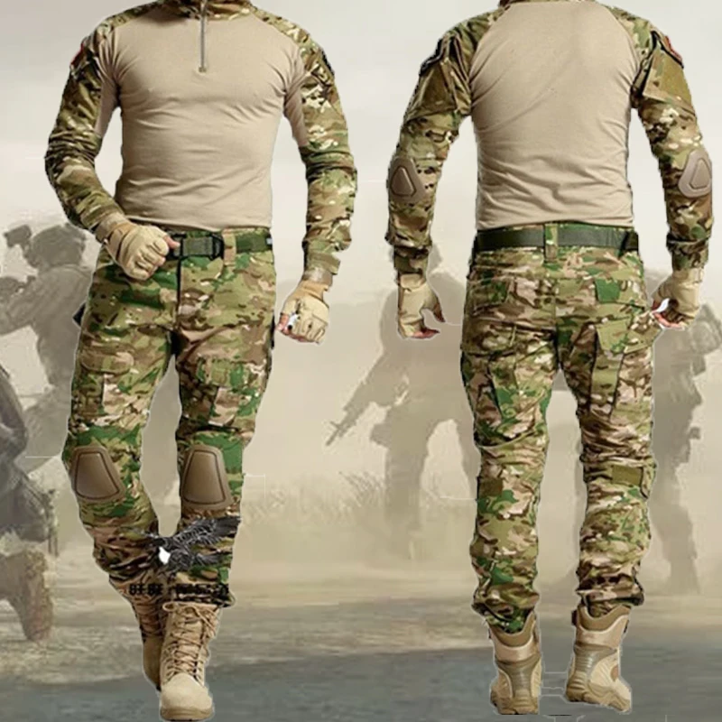 

Men's Tactical Suit Combat Shirt Cargo Pants&Pads Military Uniform Long Sleeve T-Shirts Sniper Combat Shirt Army Camo Men Suits