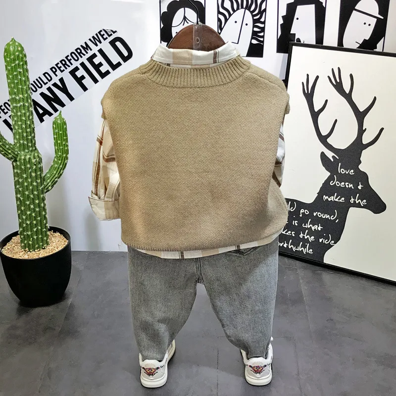 Детская одежда на Рождество повседневный вязаный жилет для мальчиков + рубашка