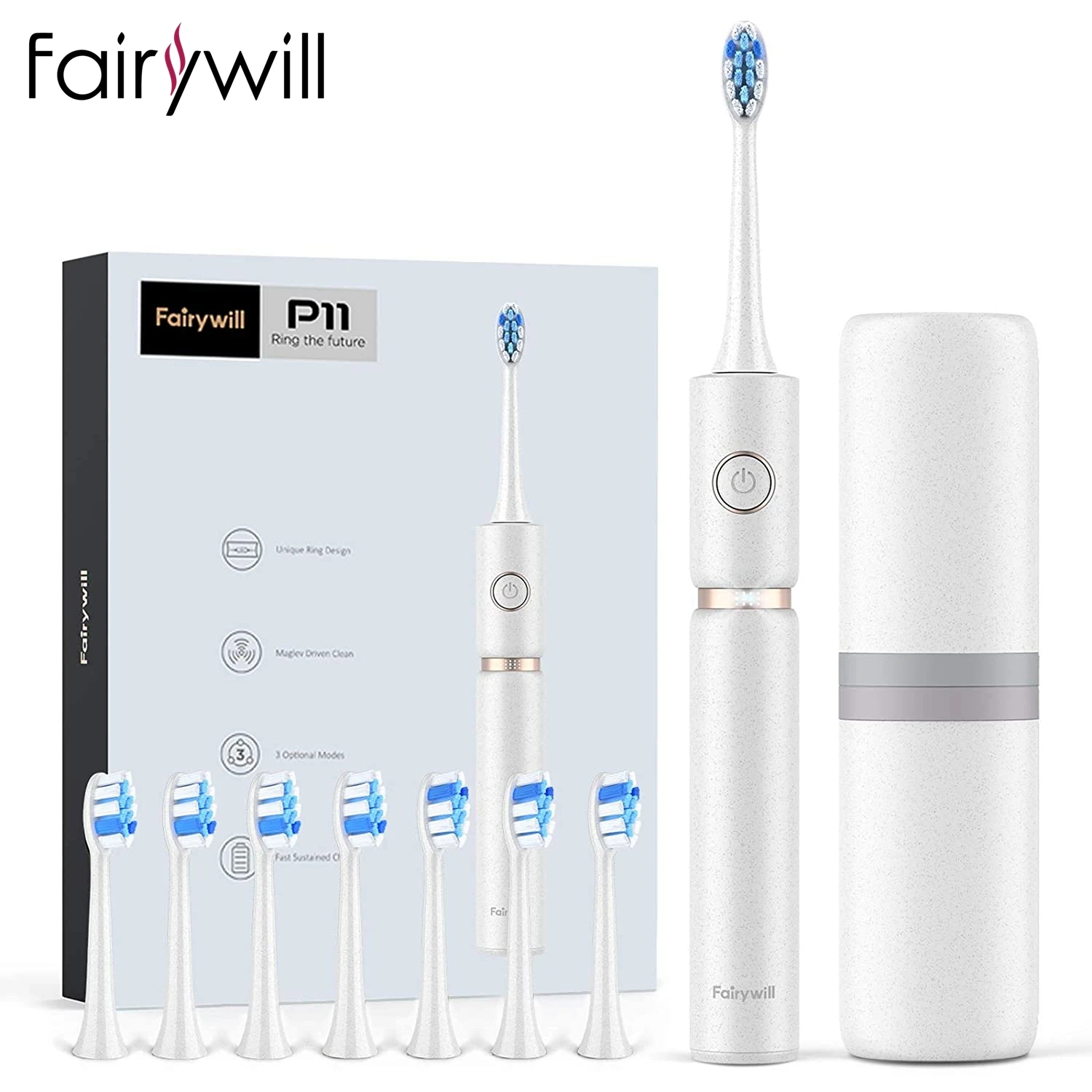 

Fairywill P11 Sonic Electric Toothbrush Waterproof Rechargeable Whitening Ultra Powerful USB Charger 4 Heads and 1 Travel Case