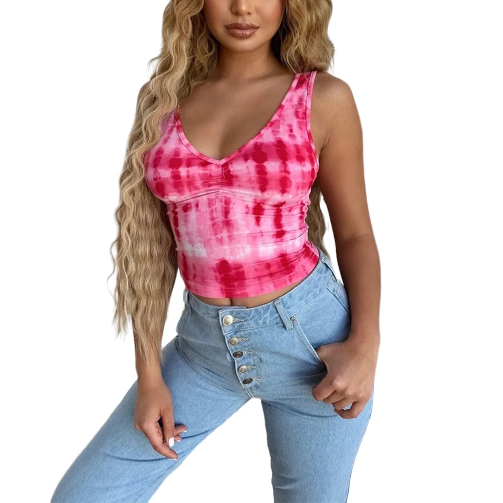 

Women Spaghetti Strap Tie Dye Camisoles V Neck Sleeveless Open Back Camis Tank Tops Summer Breathable Vest