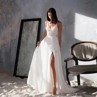 v neck simple chiffon wedding dress 2022 elegant spaghetti straps side split a line lace appliques back with button bridal gown