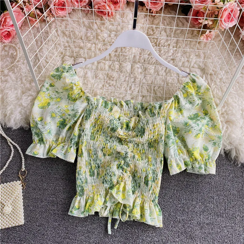 

Summer Age Reduction Lotus Leaf Swing Shirt Women's Square Neck Floral Chiffon Shirt Fold Waist Puff Sleeve Short Top C156