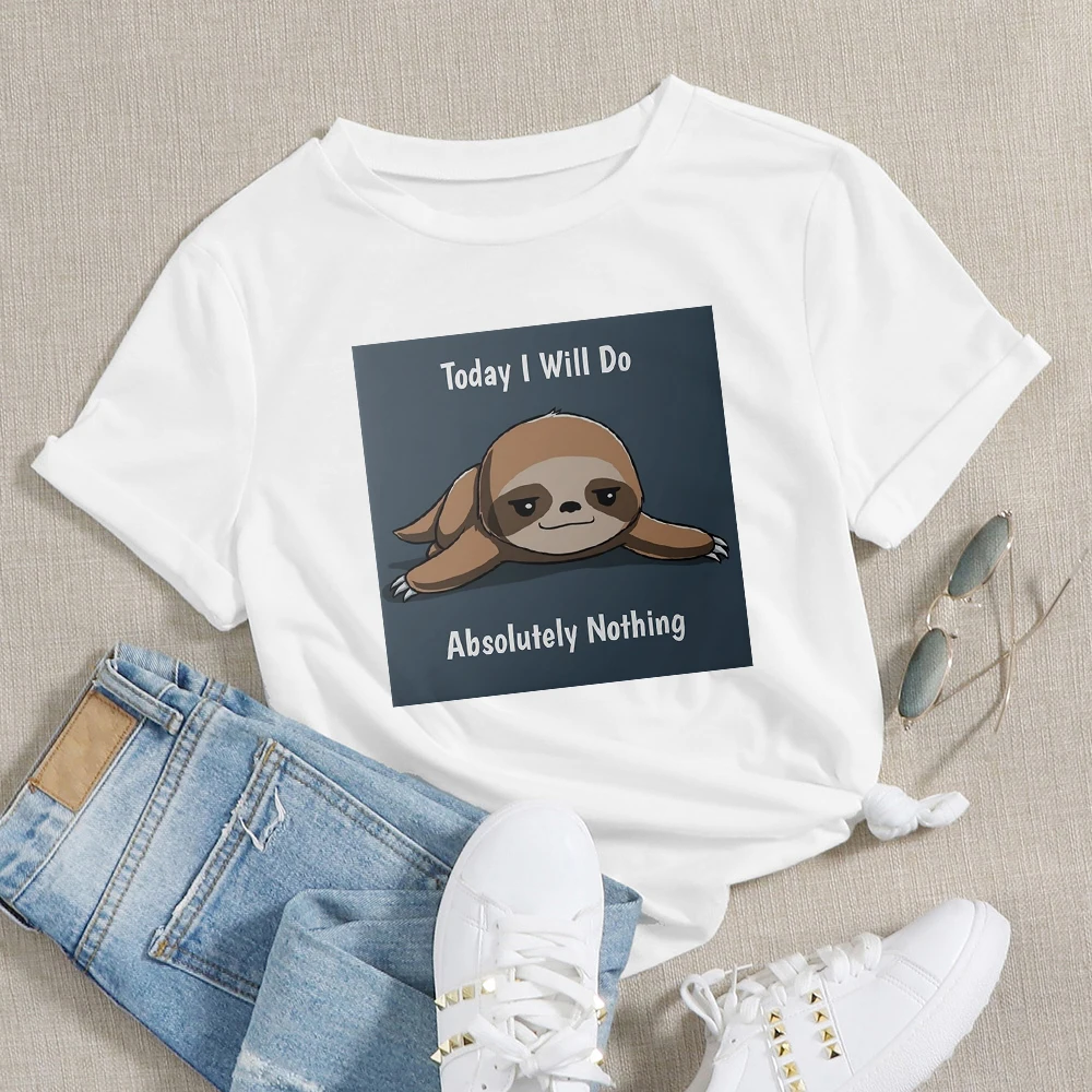 

Funny Sloth Cartoon Print Do Nothing T-shirts Women Summer Daily Casual Wear Tops White Oversize Clothes High Quality Tshirt