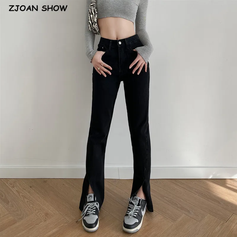 

2021 Spring 90s Vintage High Waist Hem Cuff Slit Jeans Women Denim Pants Slim High Street Casual Long Trousers