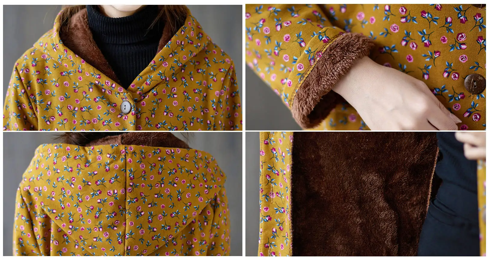 

Winter 2020 Women's New Retro Windbreaker Floral Single-Breasted Cotton Linen Plus Velvet Thick Padded Clothing Coat Female E410