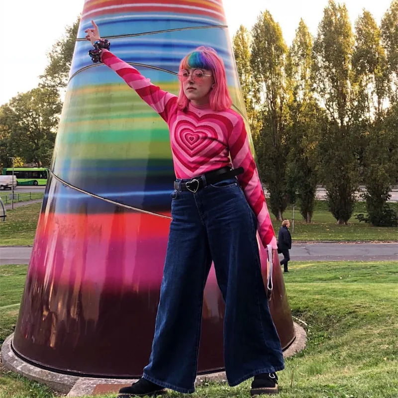 Женский свитер с сердечками осенний Ретро стиль Радужный половинным высоким