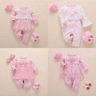 детский комбинезон для новорожденных девочек осенний хлопковый кружевной комбинезон принцессы для малышей от 0 до 3 месяцев, Детский комбинезон с носками повязка на голову  детские вещи