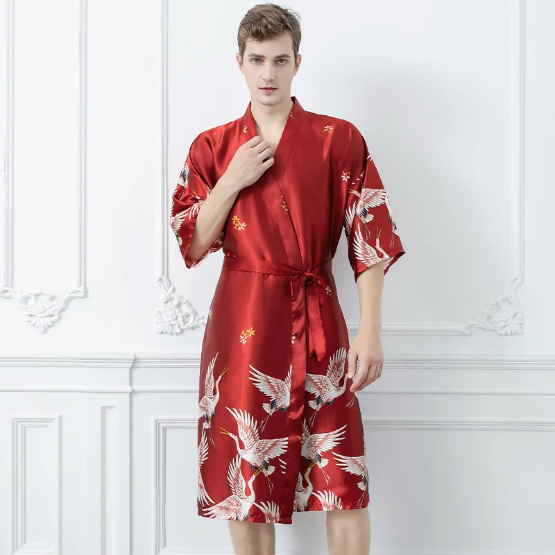 Men Print Silk Rayon Robe Summer Casual Wedding Best Man Relax Fit Sleepwear V Neck Kimono Yukata Luxury Bath Gown Plus Size