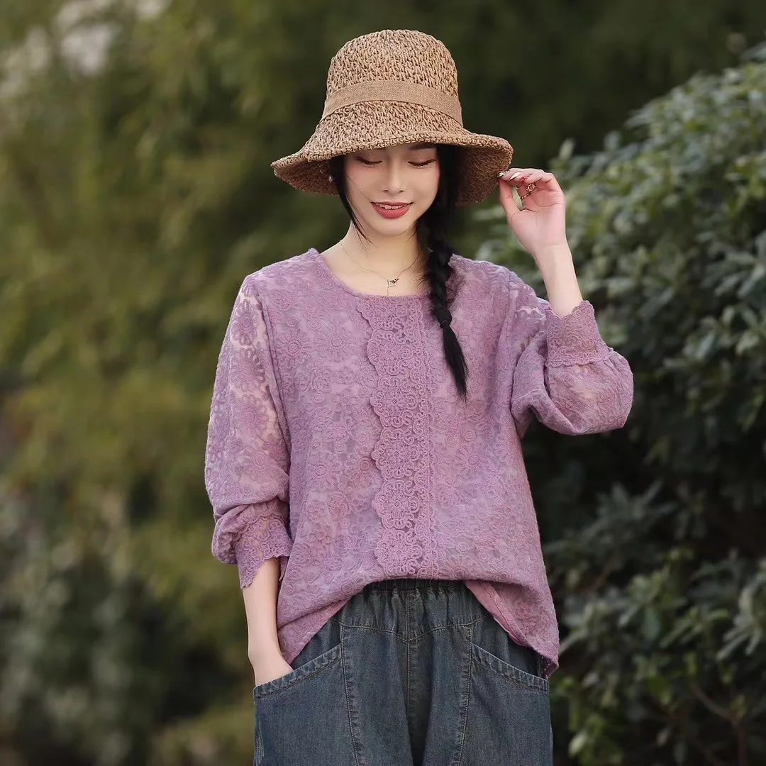 

High-quality fashion long-sleeved t-shirt women's summer pure cotton national wind embroidery hollow loose bottoming shirt top