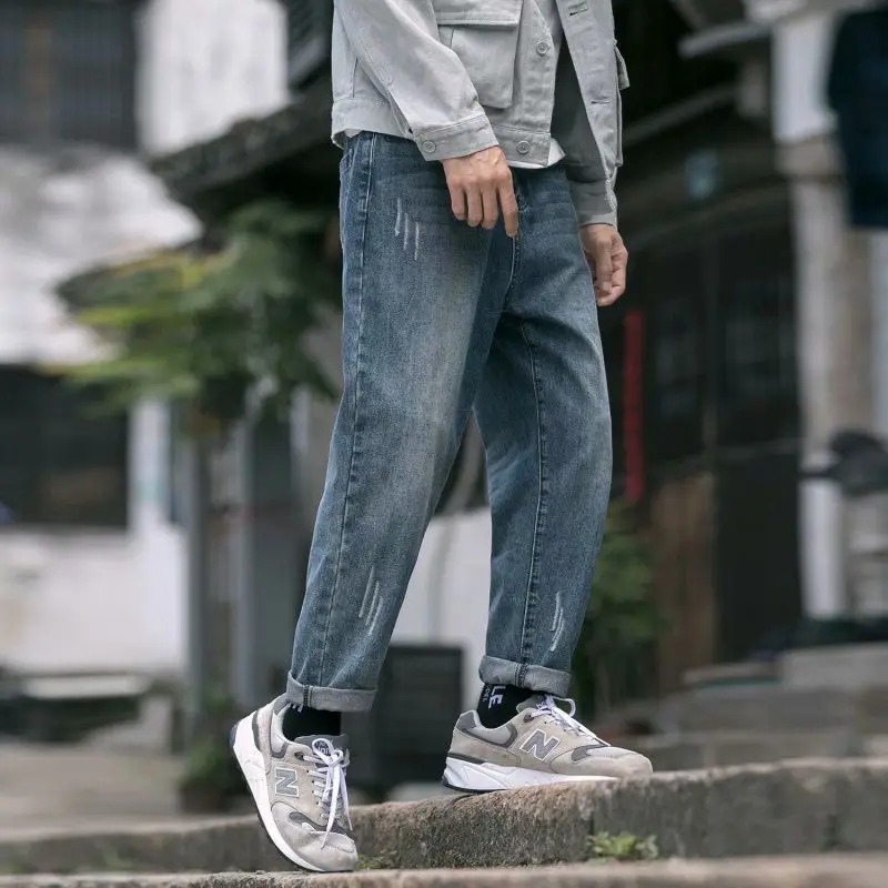 

Korean Style Loose Men's Jeans Scratch Denim Pants Retro Blue Streetwear Hip Hop Jeans Men Casual Slim Trousers 2021 New