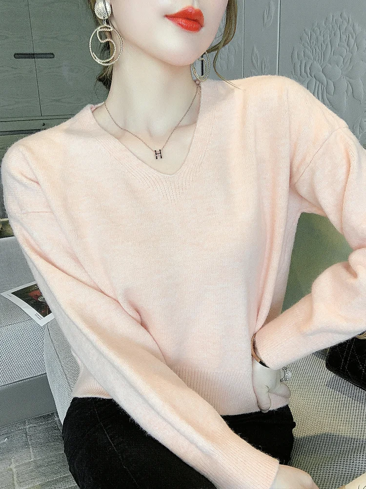 

Knitted V-Neck long sleeve women's top 2020 new Korean loose Slouchy style solid color jumper