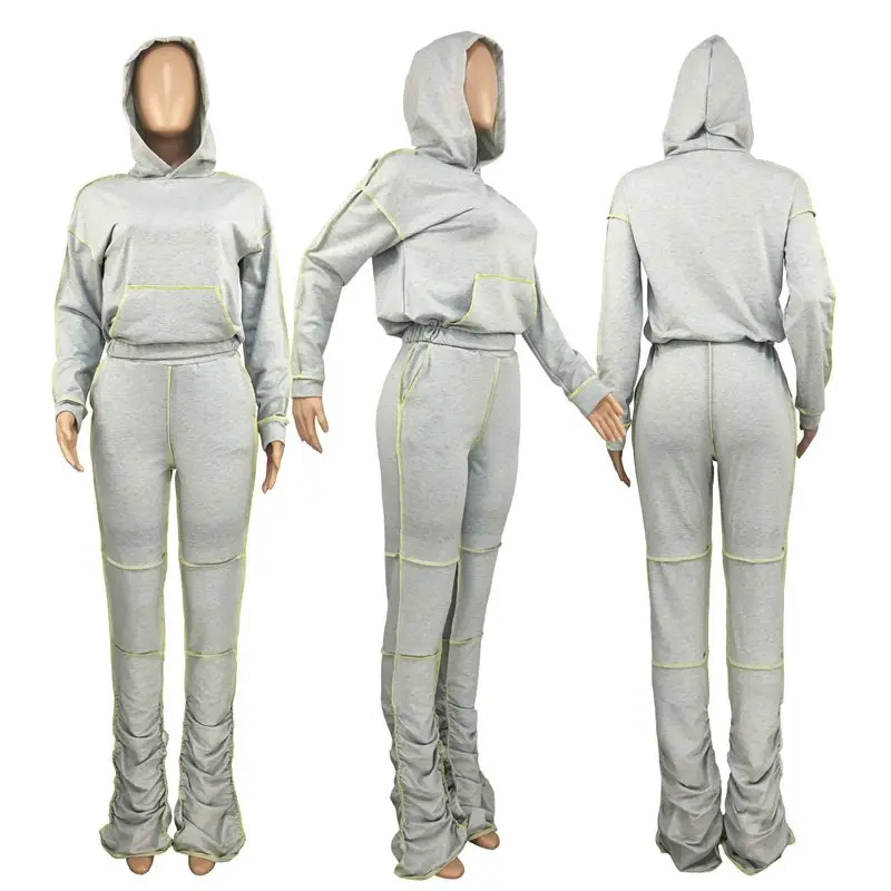 

TNNAOFF Solid Striped Two Piece Tracksuits Women Set Long Sleeve Hoodies 2021Trendy Stacked Sweatpants Lounge Wear Matching Sets