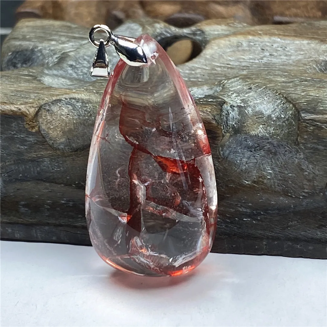 

Top Natural Red Limonite Phantom Quartz Pendant For Women Men Healing Gift 39x21x14mm Beads Clear Crystal Silver Rare Gemstone
