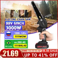 3000w 6 inch 88v mini electric chain saw with 2pcs battery rechargeable woodworking pruning saw one handed garden power tool