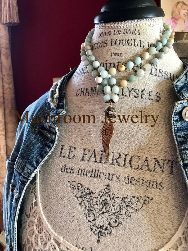 Long Wing Charm For Women Necklace  Natural Amazonite Bead Stone Necklace Wings