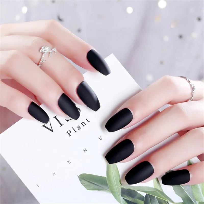 Черные матовые накладные ногти гроб короткие Im пресс искусственные губки корт
