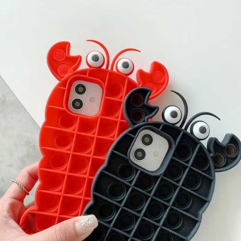 Kawaii Black Red Lobster Case for Iphone11 12Pro Max Xr Simple Dimple Fidget Toys Push It Bubble Soft Silicone Phone Cover | Игрушки и