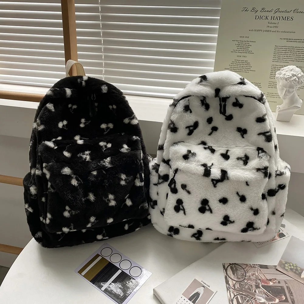 

2021 Women Winter Warm Plush Backpack Teenager Girls School Bag Fashion Cherry Print Backpacks Female Multi-Pockets Travel Bag