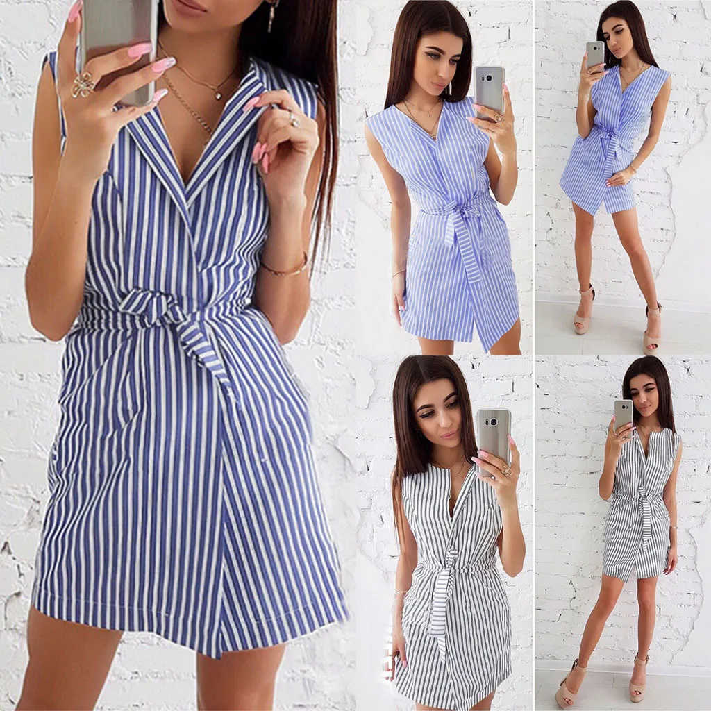 Женское Короткое платье в полоску с поясом и без рукавов повседневное пляжное