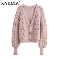 kpytomoa women 2021 fashion gem buttons pompom detail knitted cardigan sweater vintage long sleeve female outerwear chic tops