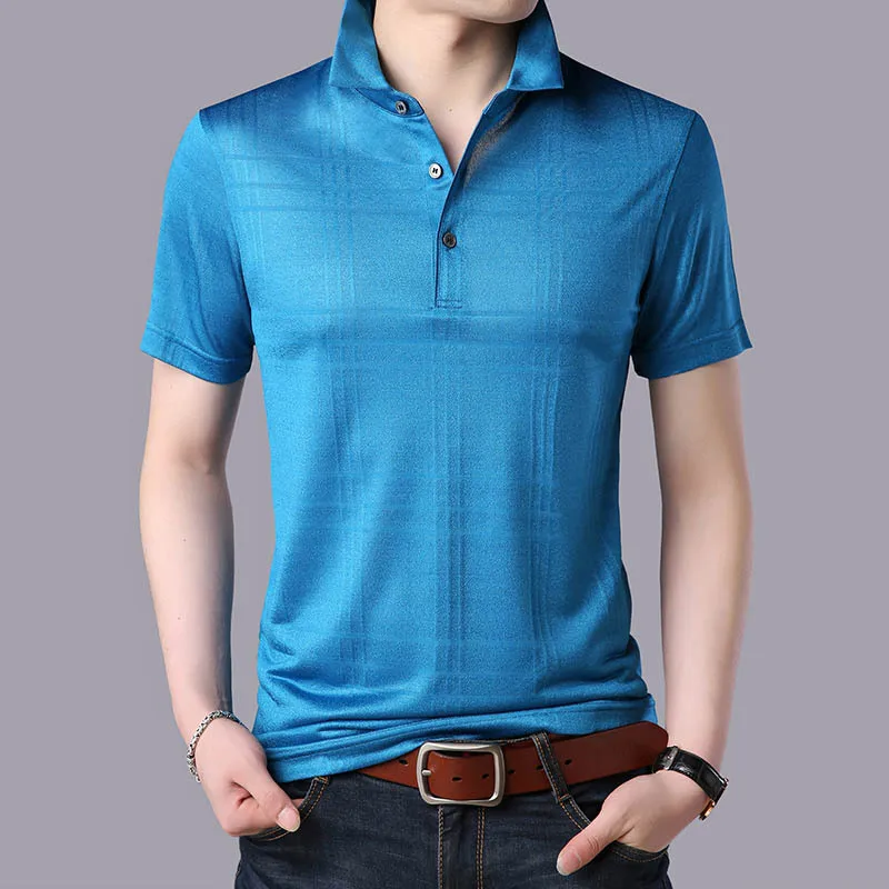 Рубашка поло мужская приталенная шелковая блуза с короткими рукавами деловая