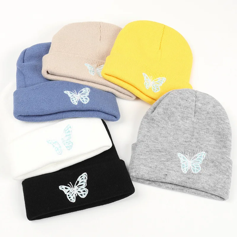 

Cotton Butterfly Embroidery Thicken Knitted Hat Winter Warm Hat Skullies Cap Beanie Hat for Girl and Women 132