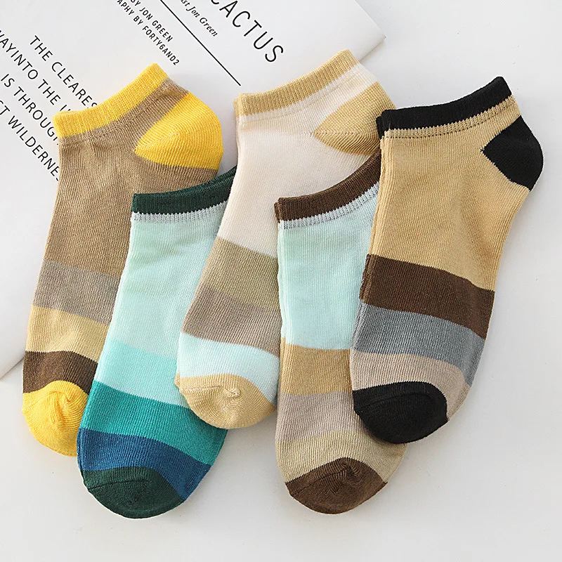 

5 Pairs Spring Summer Thin Breathable Women Kawaii Boat Socks Stripe Shallow Mouth Funny Men Pure Color Cotton Invisible Socks
