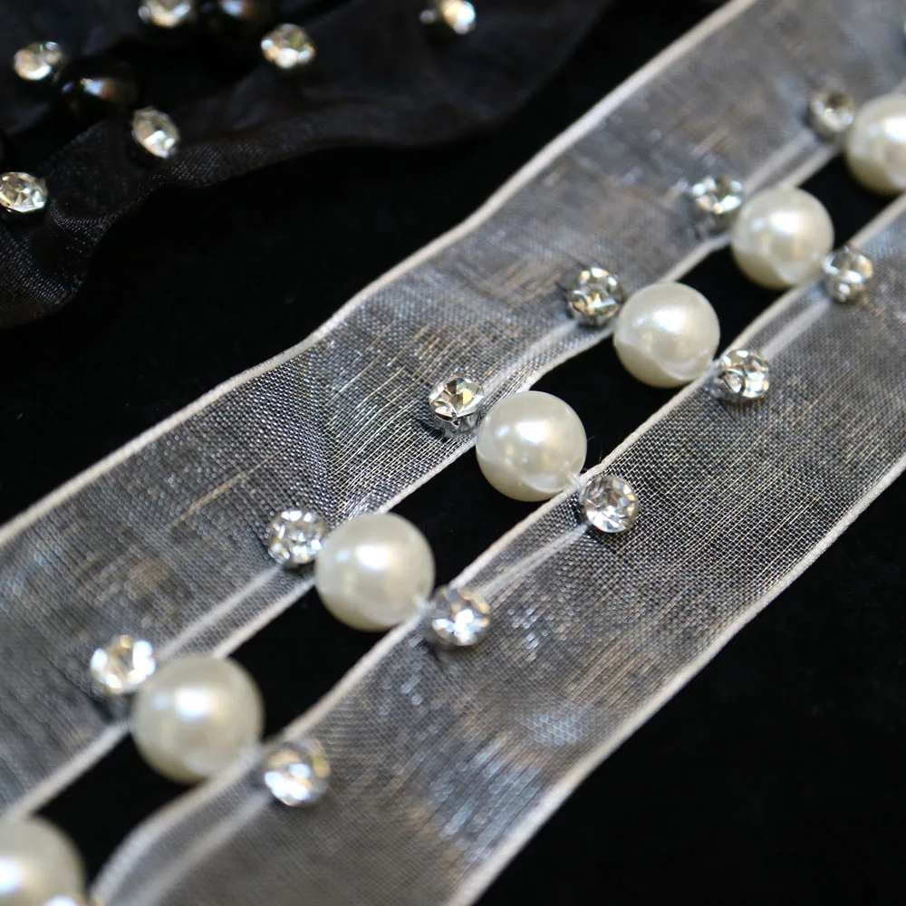 2 ярда бусины ручной работы жемчужная черная белая кружевная отделка для одежды