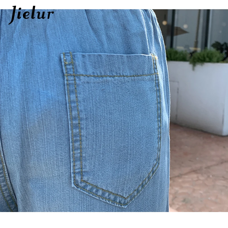 

Jielur Jean Pants for Women Loose Autumn Chic Pocket Woman Jeans Elastic Waist Chic Slim High Waist Summer Blue Denim Jeans