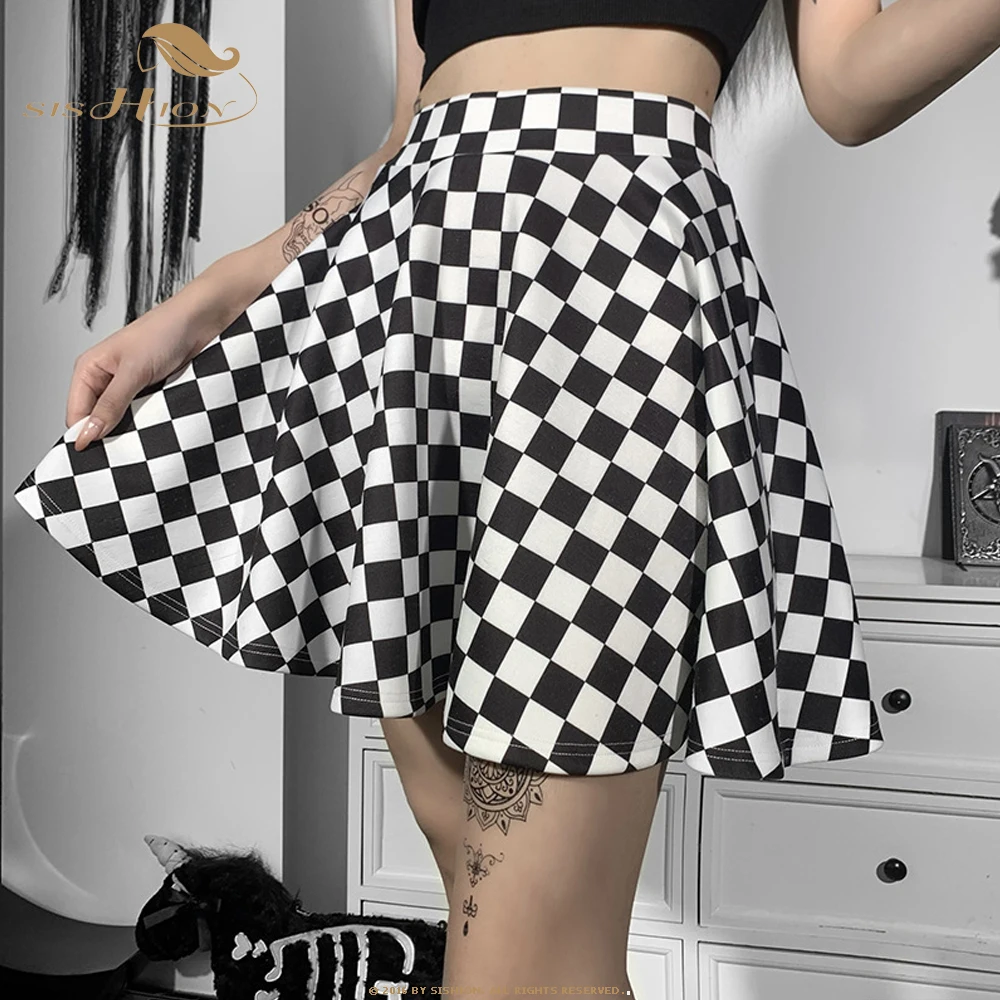 

SISHION Summer Short Sexy Mini Check Black White Plaid Skirt Japanese Sweet College Style Women Punk Goth Gothic Skirts VD2117