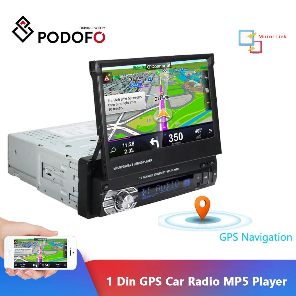 

Podofo 1 Din Car Radio GPS Navigation 7" Retractable Screen MP5 Player Bluetooth Stereo Mirror Link Autoradio Cassette Recorder