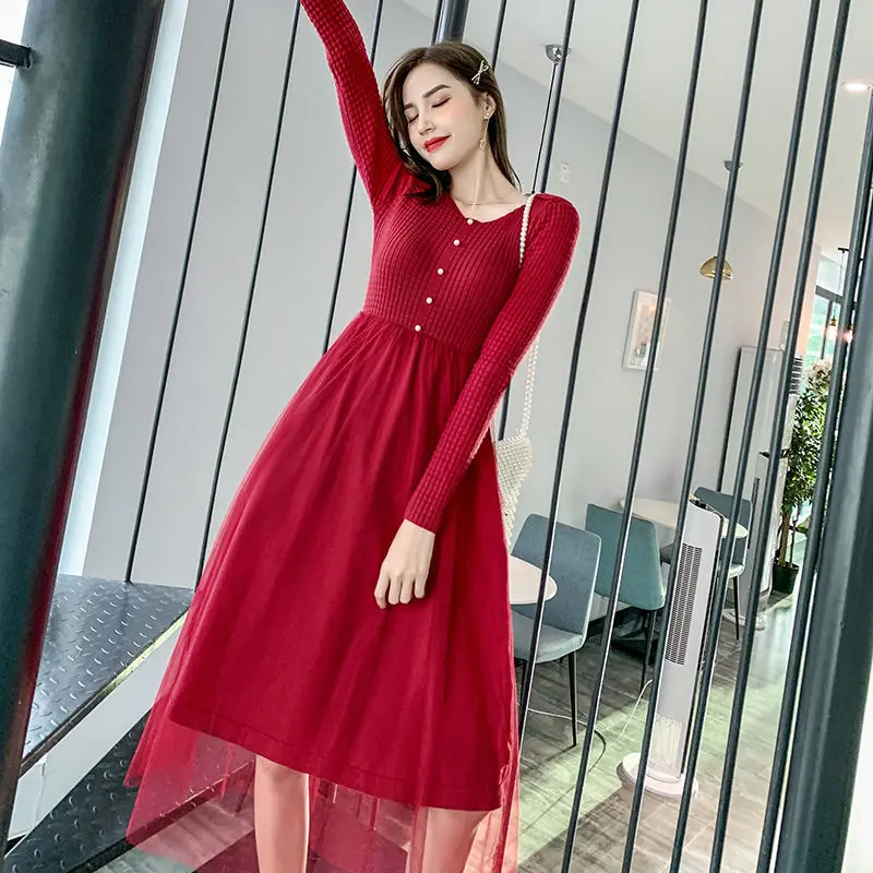

2021 New Autumn Women Knitted Dress Elegant Ladies Long Sleeve Mesh Patchwork Dresses Korean Casual Solid Sweater Dress N102